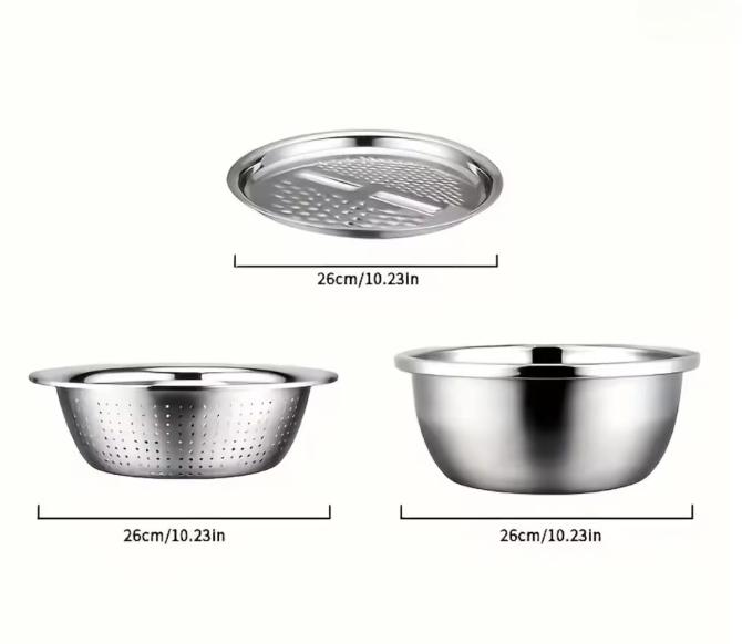 Hot 3pcs Stainless Steel Multi-Functional Kitchen Grater Set Draining Bowl with Vegetable Washing Mandoline Slicer for Potato