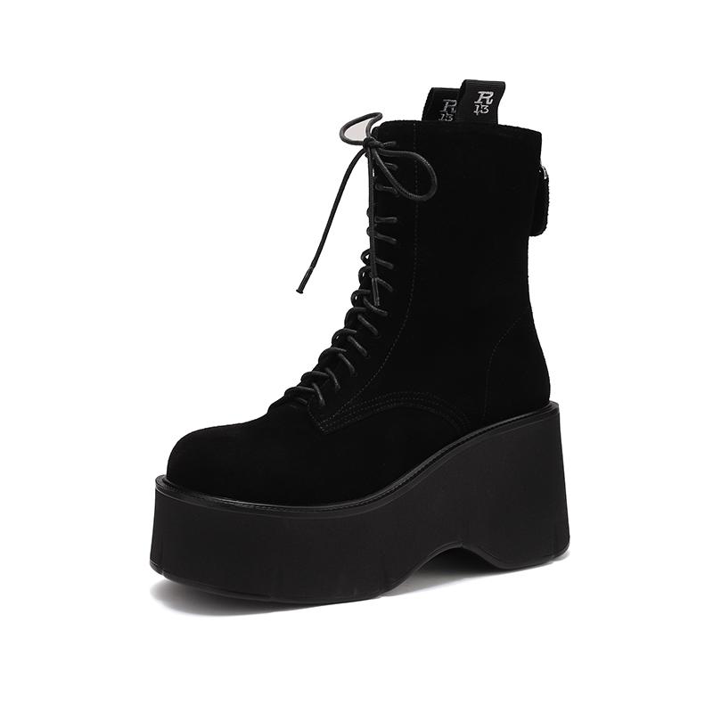 Fashion 2024 New Autumn Women Boots Cow Suede Shoes for Women Round Toe Lace Up Casual Platform Boots Increase Height Ladies Shoes