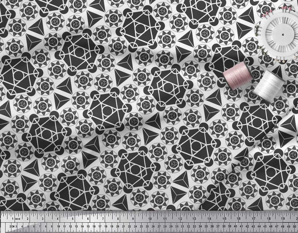 Soimoi Black Japan Crepe Satin Fabric Sacred Geometric Fabric Prints By Metre 42 Inch