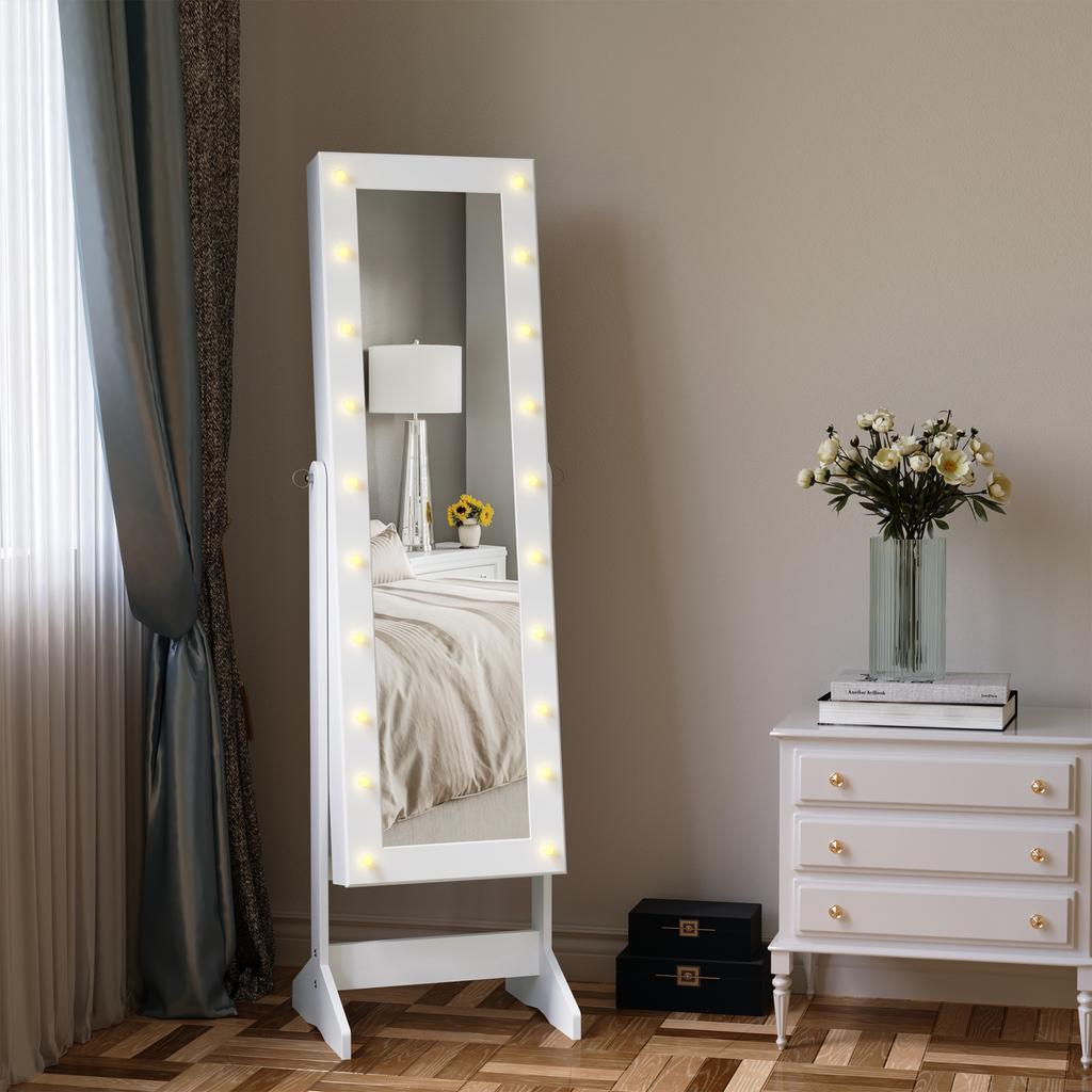 Jewelry Mirror Cabinet with 20 LED Lights Reclining Jewelry Cabinet with Storage for Rings Earrings Necklaces 40x37x146 Cm White
