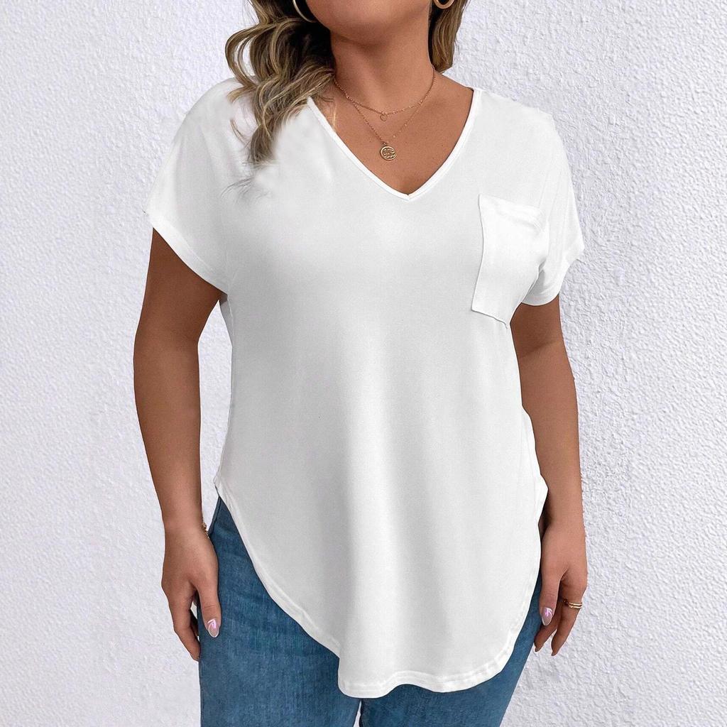 2026 Spring/Autumn Solid Color Plus Size Women's V-neck Short Sleeve Loose Pullover Top