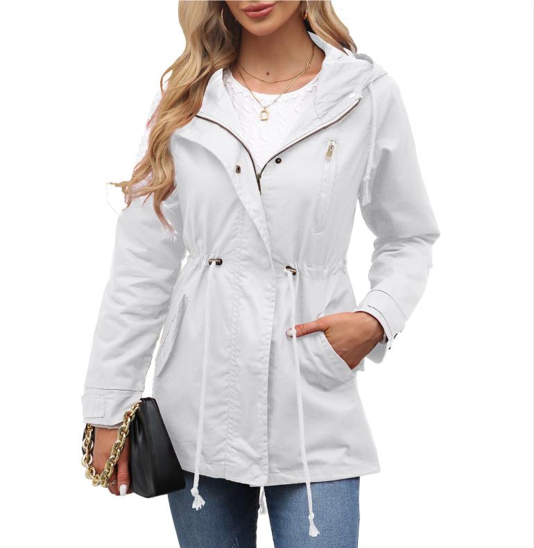 

Женский плащ-тренч с капюшоном Весна Осень Приталенная однотонная куртка для повседневной носки, активного отдыха, кемпинга, походов S белый