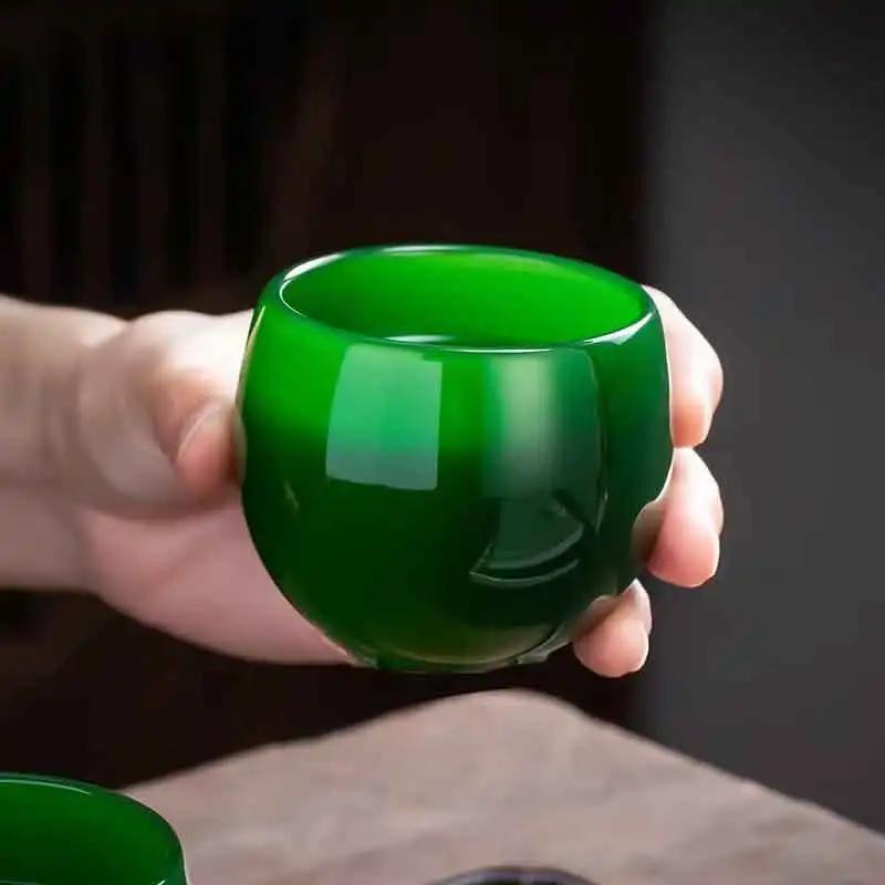 Chinese Cup Liu Li Stone Retro Emperor Green Jade Porcelain Master Cup-Ruyi Cup Large Capacity Cha Wan Kungfu Tea Cup Set