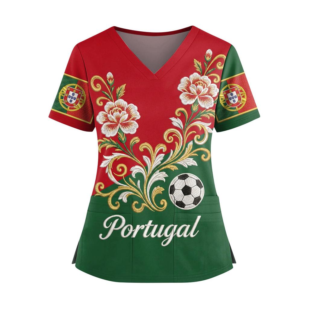 Women's V-Neck Short Sleeve Work Top with Pockets and Side Slits, Soccer Flag Print