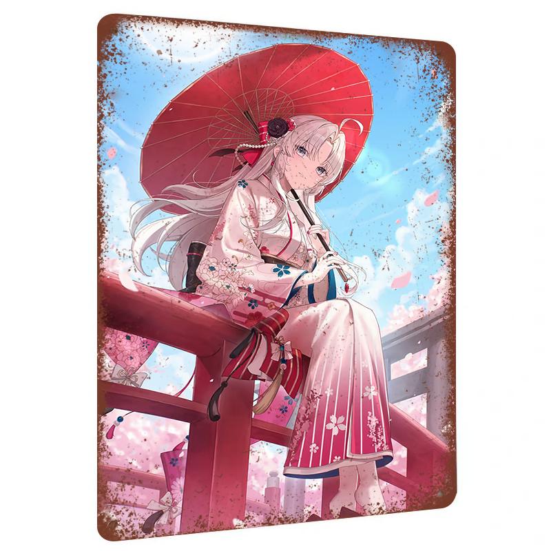 

Anime Girl in Kimono with Cherry Blossoms Traditional Japanese Style Metal Wall Art Home Decor 7.9x11.8In(20x30cm)