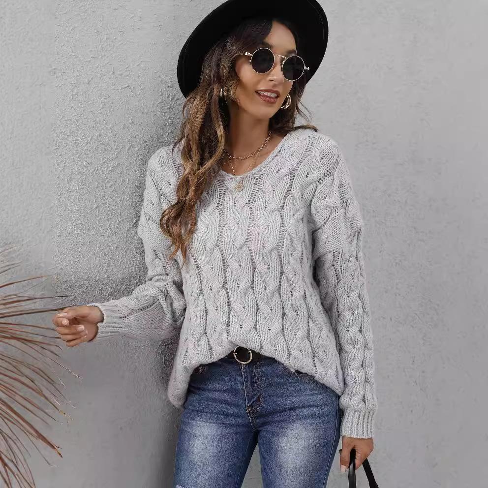 Women's Top, Thickened, Fried Dough Twists Knitting, V-neck Design, Hooded Loose Sweater, Pullover Sweater, Winter Jacket