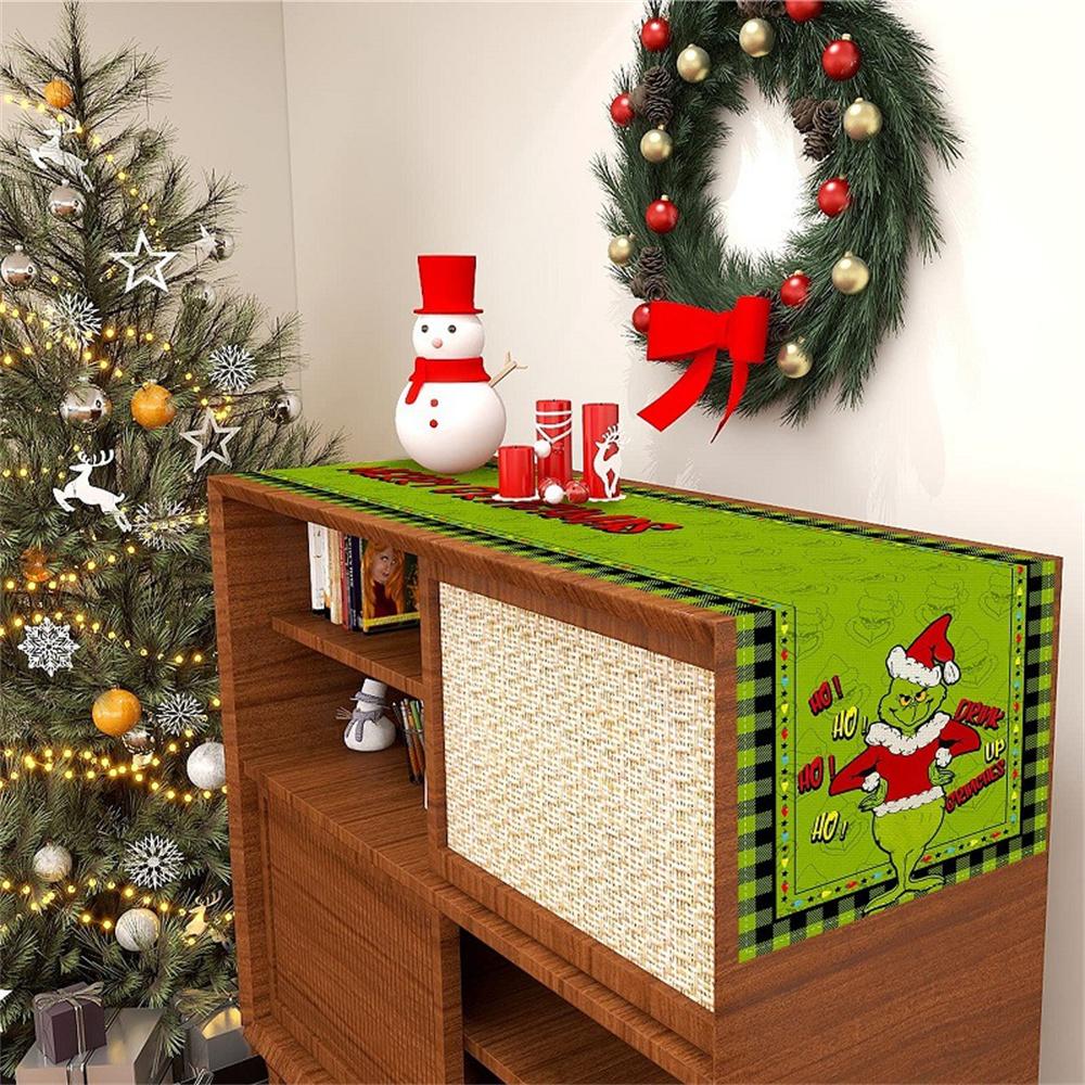 Linen Green Grinch Christmas Table Runner Merry Tablecloth Xmas Holiday Table