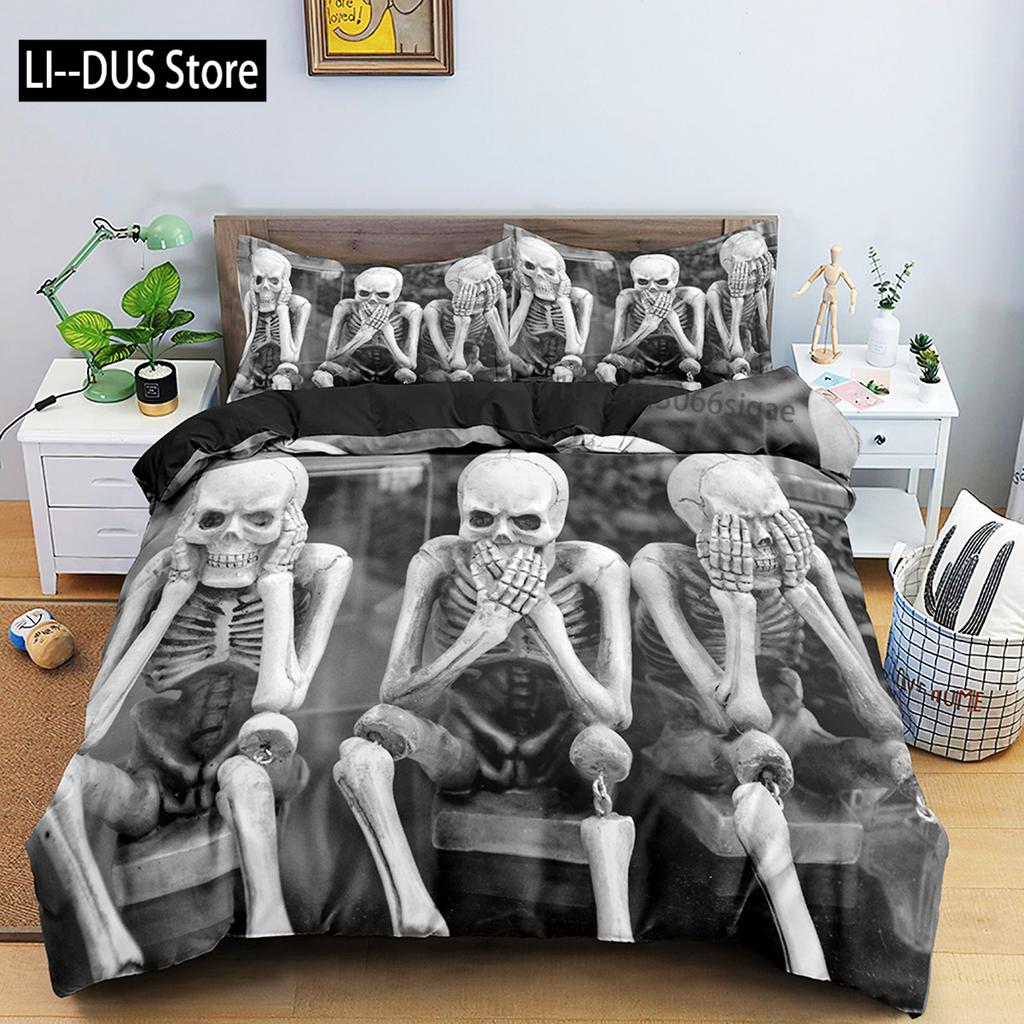 White And Black Skull Gothic Duvet Cover Skeletal Bedding Set Quilt Cover With Zipper Closure Queen Size Comforter Sets Decor