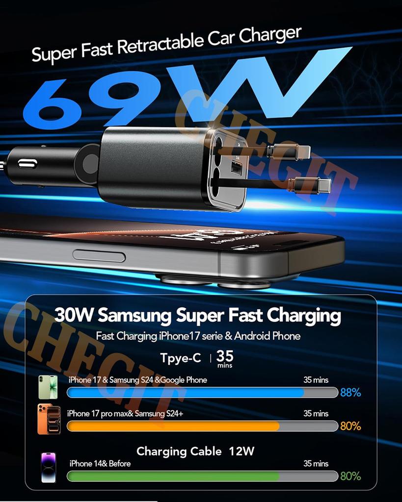 New Arrival 4 IN 1 Retractable Car Charger USB Type C Cable For IPhone Samsung Fast Charge Cord Cigarette Lighter Adapter