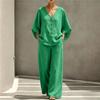 Women's Summer Two Piece Set V Neck Button Front Top with Three Quarter Sleeves and Loose Fit Casual Wide Leg Pants