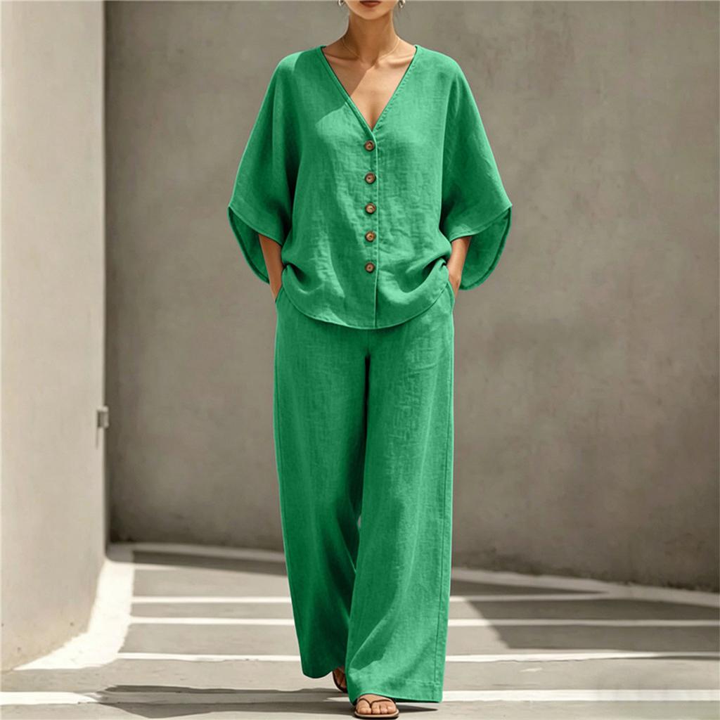 Women's Summer Two Piece Set V Neck Button Front Top with Three Quarter Sleeves and Loose Fit Casual Wide Leg Pants