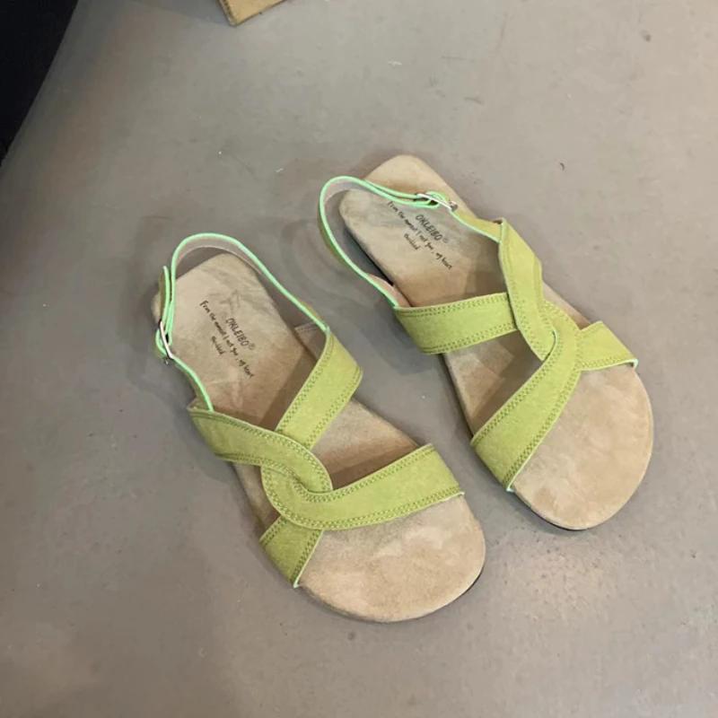 

Модная женская обувь 2024 года с пряжкой, босоножки на каблуке, женские сандалии, летние, с открытым носком, однотонные, повседневные, удобные сандалии на плоской подошве 38 зелёный