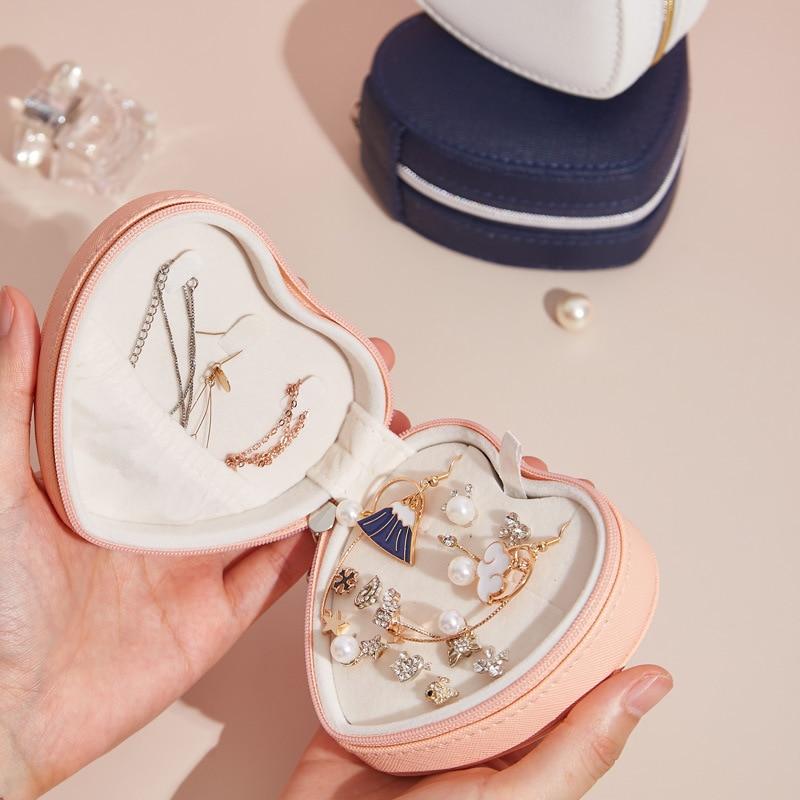 Universal Jewelry Organizer Display Travel Jewelry Case Boxes Portable Jewelry Box Heart Sahpe Leather Storage Zipper JewelersFashion Jewelry