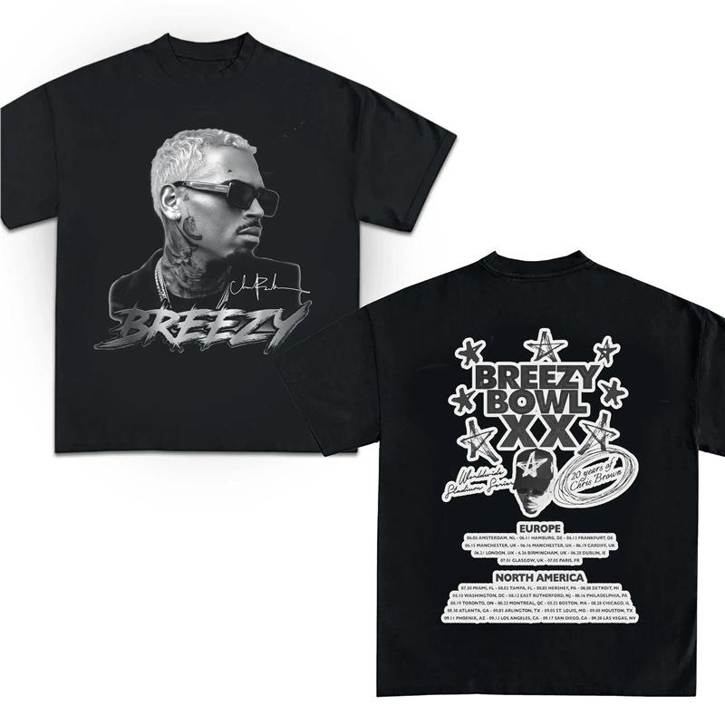 Hip Pop Chris Brown Breezy Bowl XX Concert Tour Cotton TShirt Vintage Short Sleeve Round Neck Print Casual Style for Women Men S
