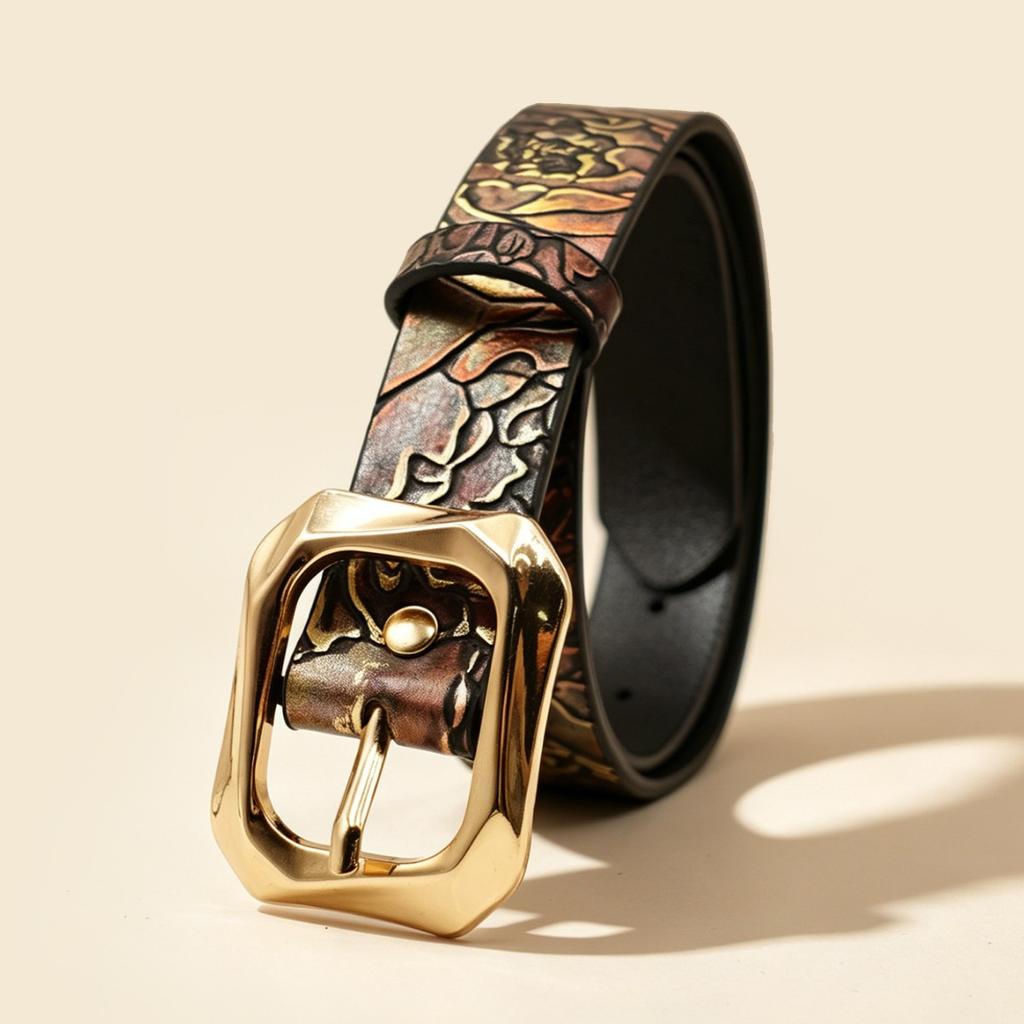 Retro gilt rose embossed belt, bright gold geometric pin buckle casual belt, women's clothing waist accessories manufacturer batch
