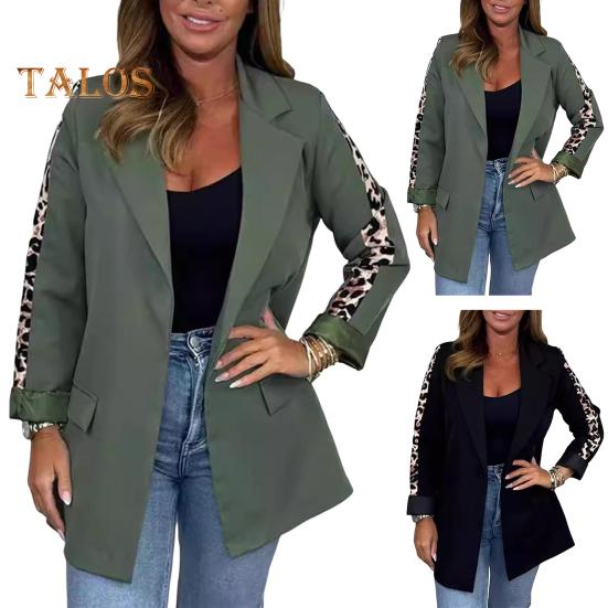 Women Suit Coat Lapel Leopard Stitching Long Sleeve Open Front Suit Jacket with Flap Pockets Business Formal Outwear