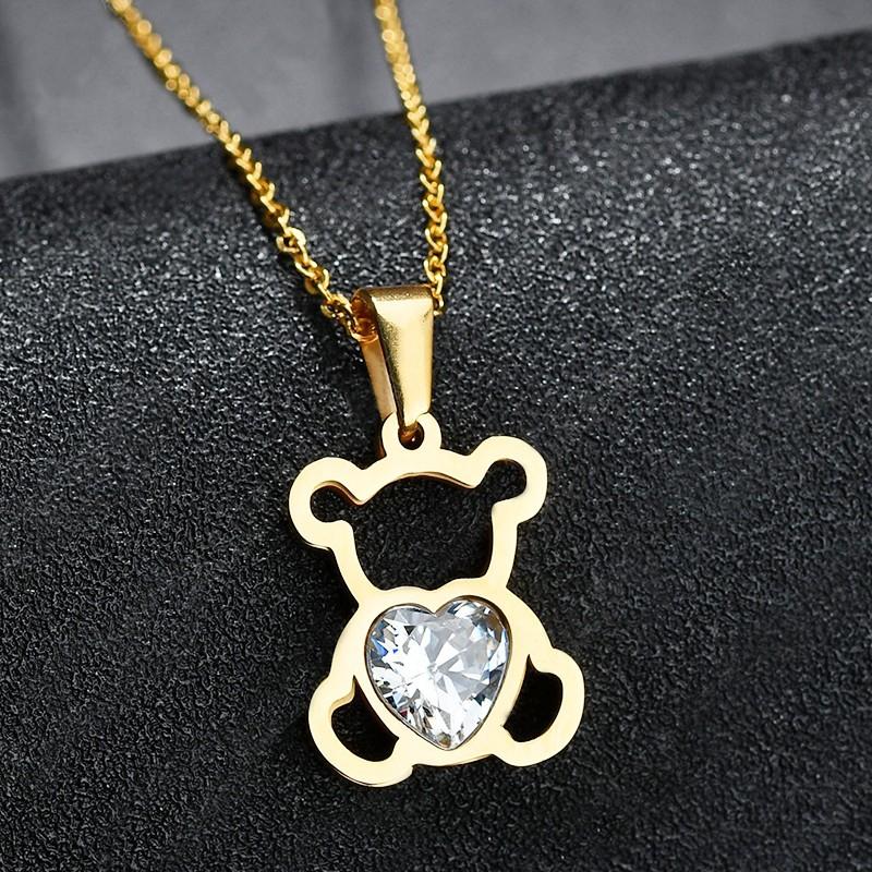 1 Cute and Simple Hollowed Out Zircon Bear Necklace, Stainless Steel Pendant - Valentine's Day Gift for Men and Women