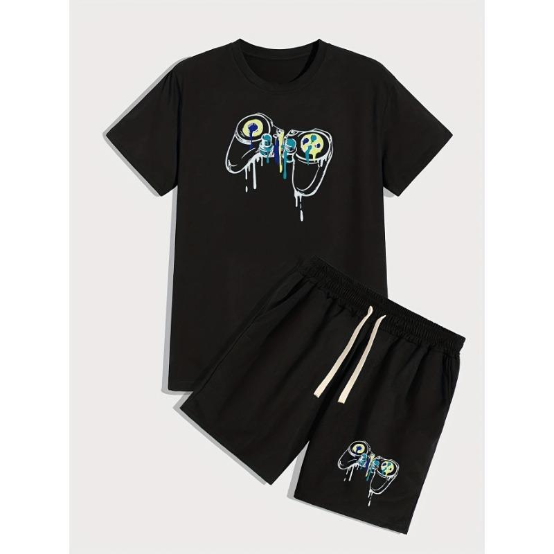 

Printed men s 2-piece set, casual T-shirt and loose drawstring shorts for summer XL