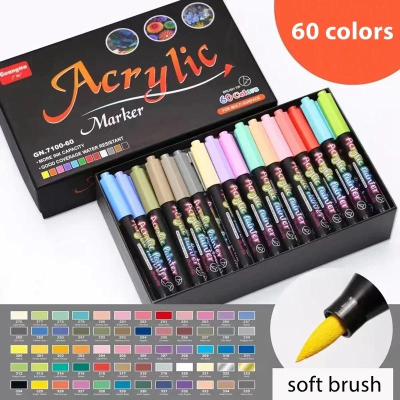 60 Colors Acrylic Paint Pens Markers Permanent Markers for Rock Painting Glass Ceramic Fabric Wood Metal Brush Tip Art Supplies