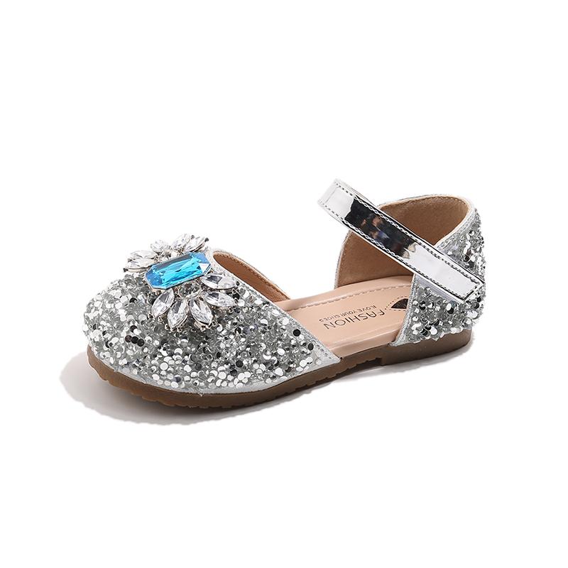 Girls Dance Shoes Shiny Crystal Sequins Kids Half Sandals for Summer Ins Trend 2025 New Girls Princess Shoes Wedding Party Sweet