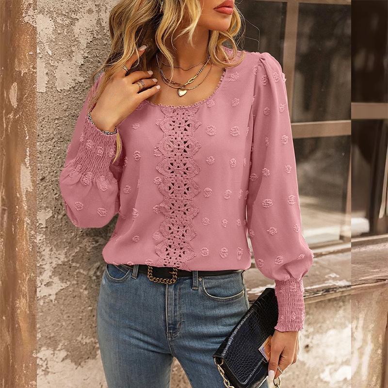 Damska koszulka z okrągłym dekoltem i bufiastymi rękawami, koronkowa, modna koszula o temperamencie