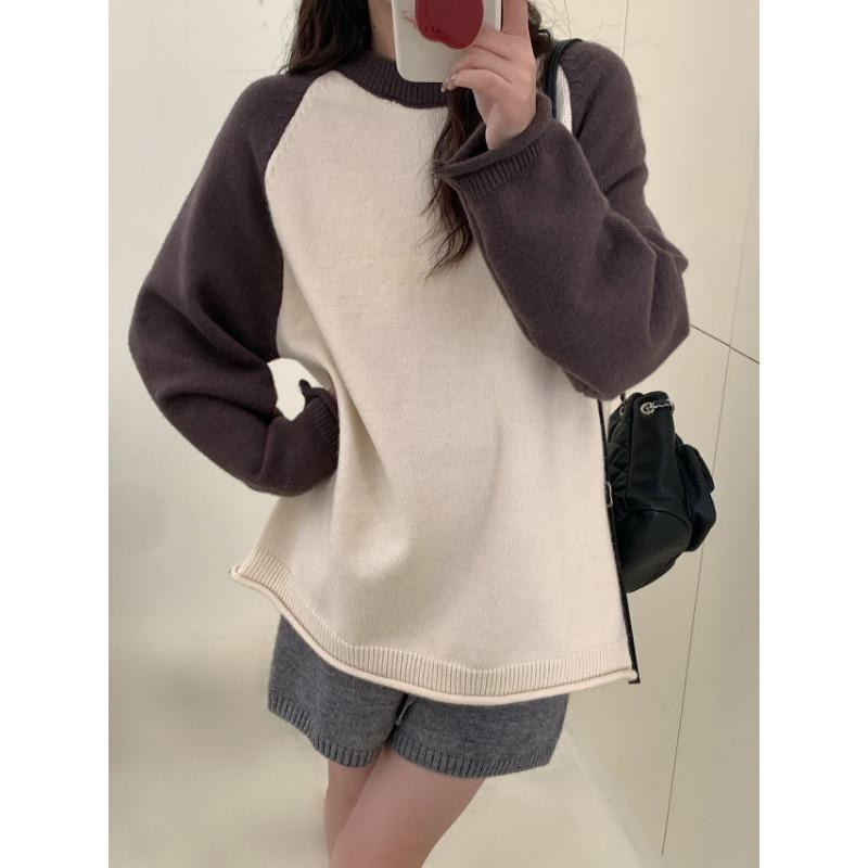 Autumn and winter new casual versatile raffle sleeves with sweater women's loose versatile color matching crew neck knitted sweater