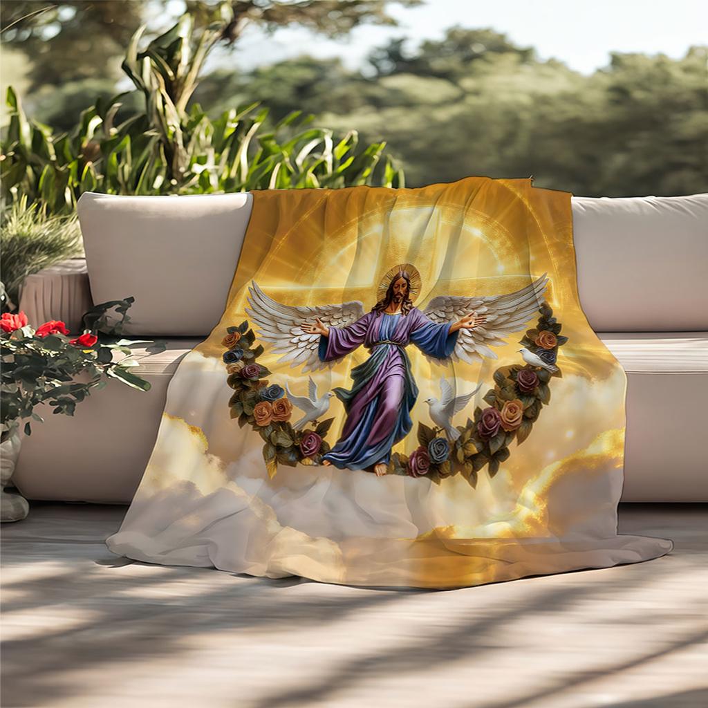 1pc Holy Jesus Print Flannel Blanket Multi Sizes Living Room Sofa Nap Cover Carpet Soft and Comfortable Machine Washable