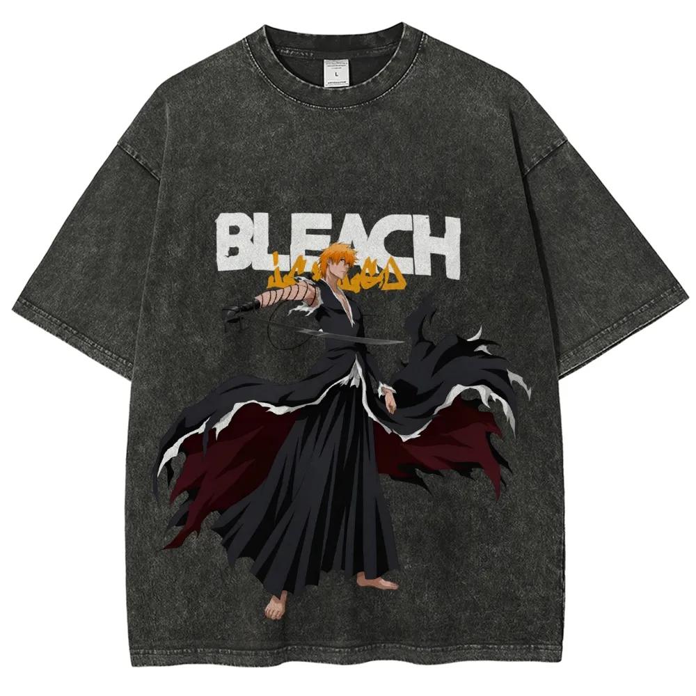 Classic Anime Bleach Zaraki Kenpachi Graphic Print Tee Men Women Retro Washed Cotton Tshirt Loose Casual Harajuku Oversized Top