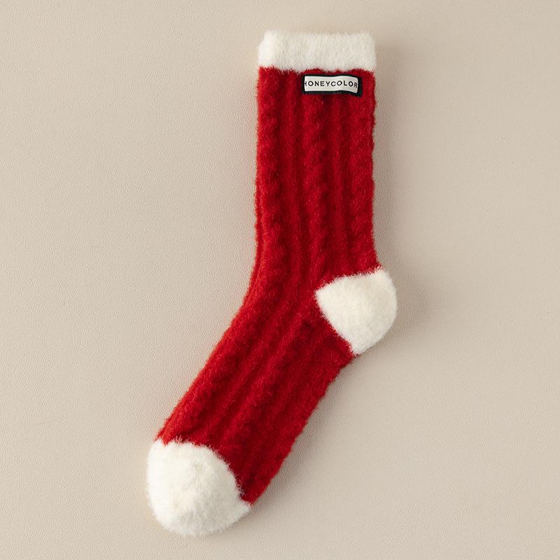 Women's Striped Red Mid-Calf Socks: Thick Warm Mink Velvet for Autumn & Winter