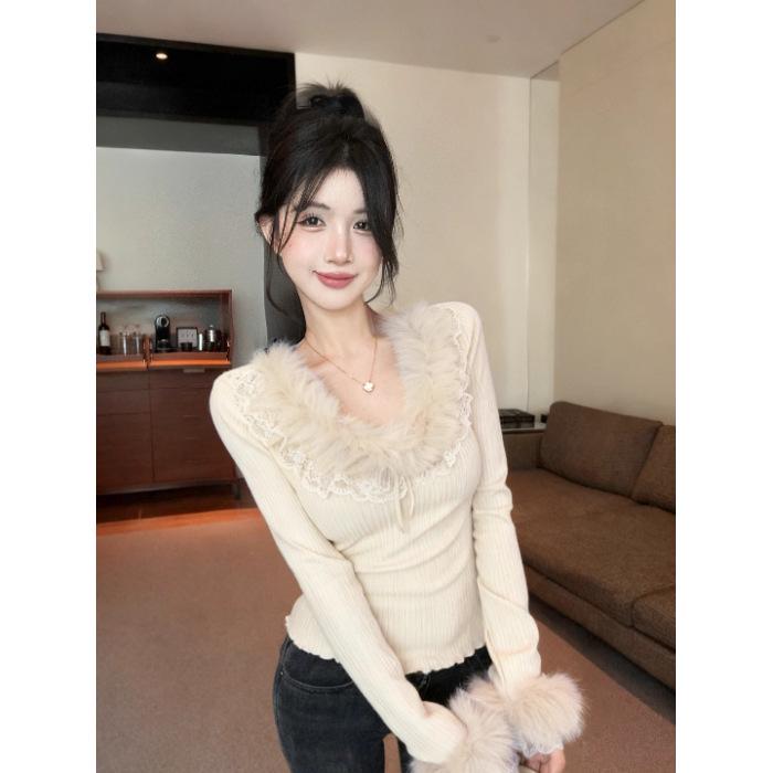Feel French Lace Slimming Sweet Patchwork Long Sleeve Thinning Fur Collar Women's Autumn Top