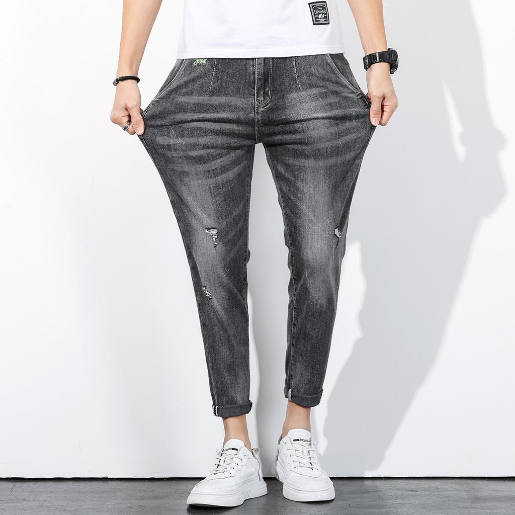 Men's Jeans Stretch-fitting Ripped Trousers Versatile Slim-looking Nine-point Pants