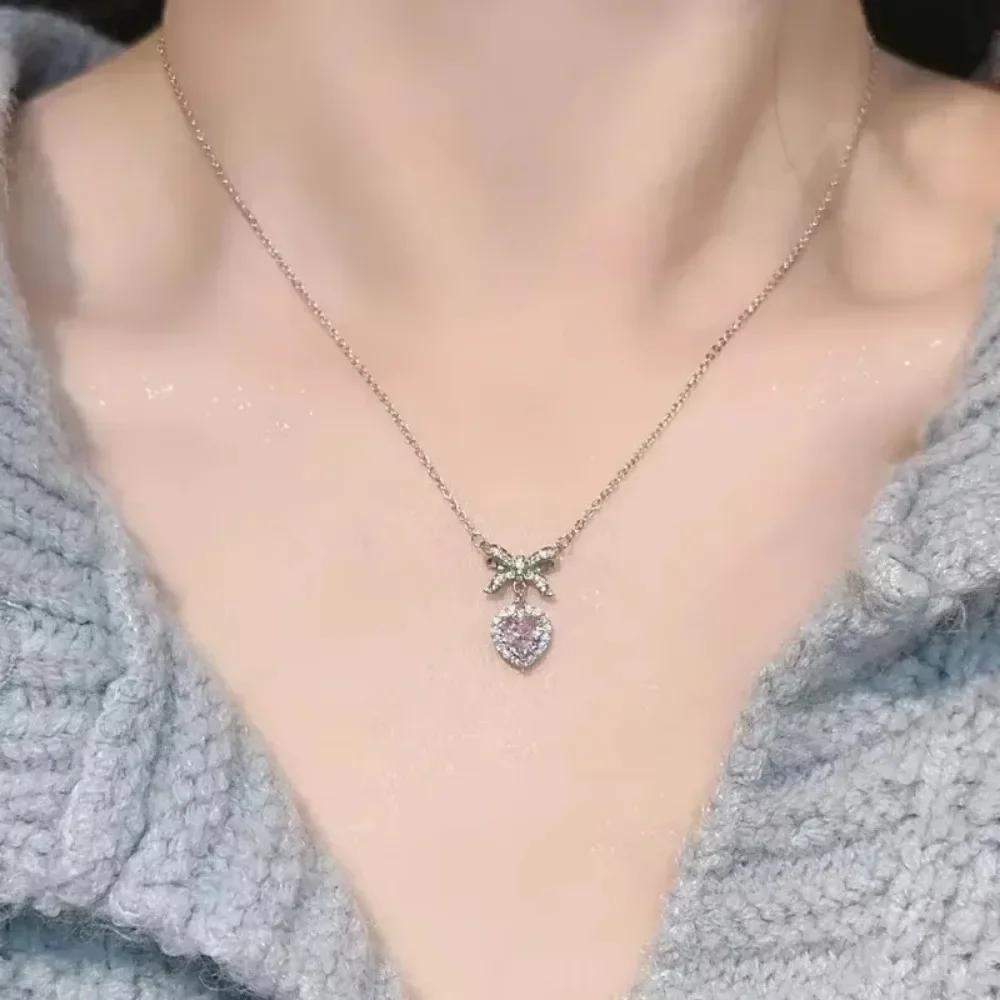 Korean Fashion Pink Crystal Heart Bow Tie Pendant Necklace Silver Color Chain Neck Necklace for Women Wedding Aesthetic Jewelry