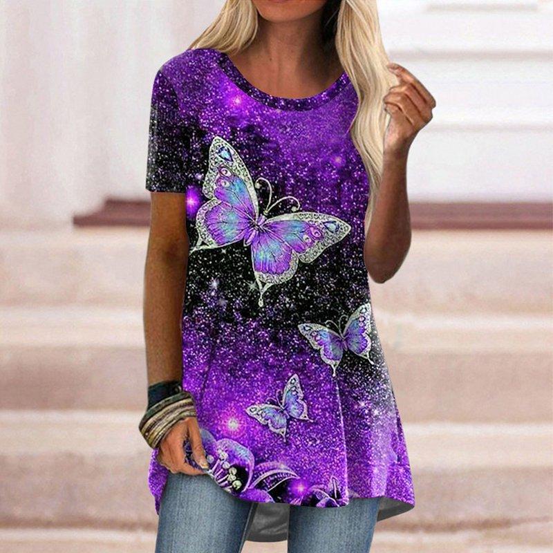 Women's Round Neck Short Sleeve Geometric Print Tunic Top Casual Asymmetrical Hem Blouse
