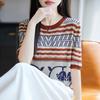 The New Summer Thin Knitted Short-sleeved Women's V-neck Retro Jacquard Top Is Loose and Slimming
