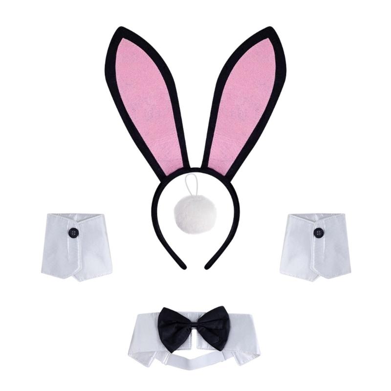 1/4Pcs Women's Bunnies Costume Accessories Set Rabbit Ears Headband Bowtie Collar Cuffs Rabbit Tail for Easter Party