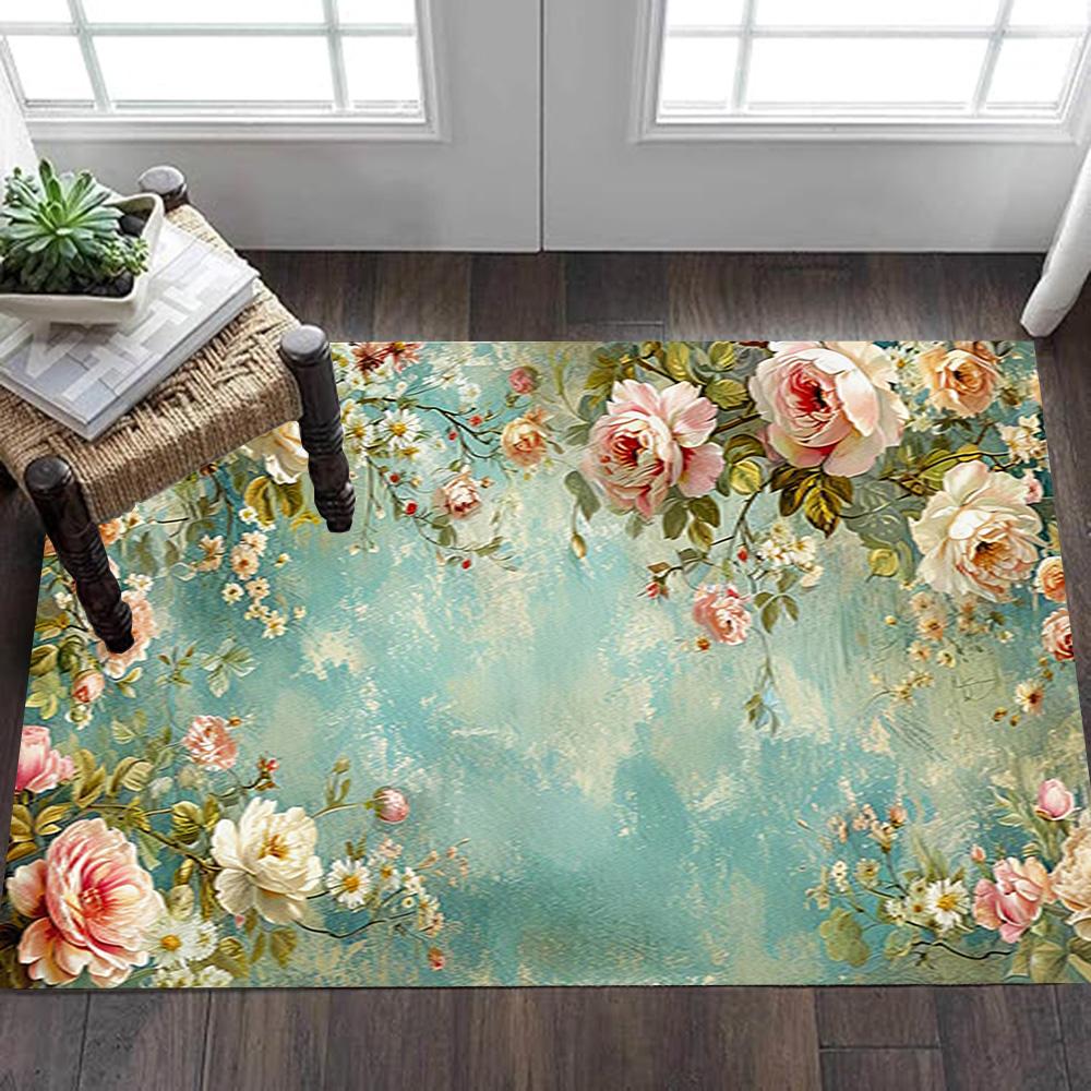 Vintage Floral Wall Mural Decoration,Carpet,Living Room,Bedroom, Non-slip,Square rug