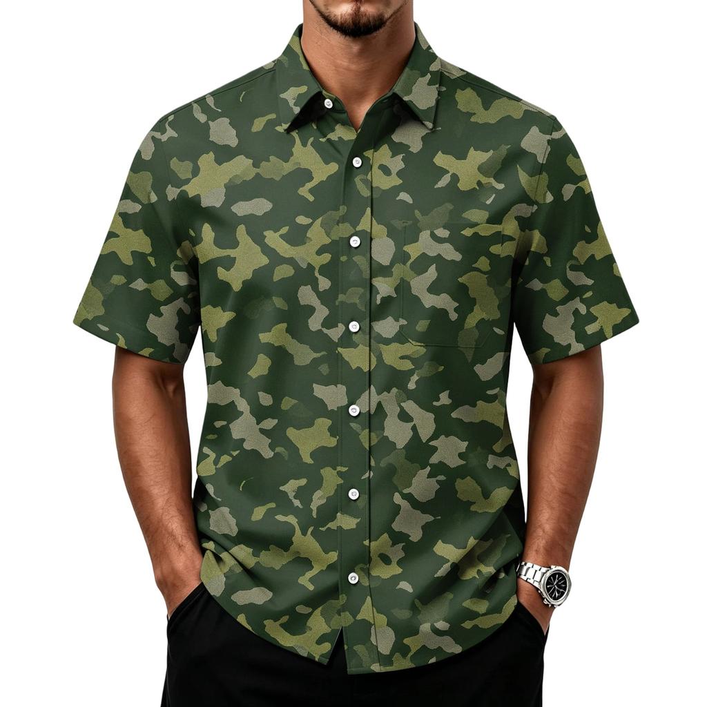 Men's Casual Short Sleeve Button Down Shirt Lightweight Breathable Fabric Classic Fit with Front Pocket Camouflage Print