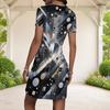 Women Plus Size Round Neck Short Sleeve Black Grey Abstract Printed Fitted Mini Dress