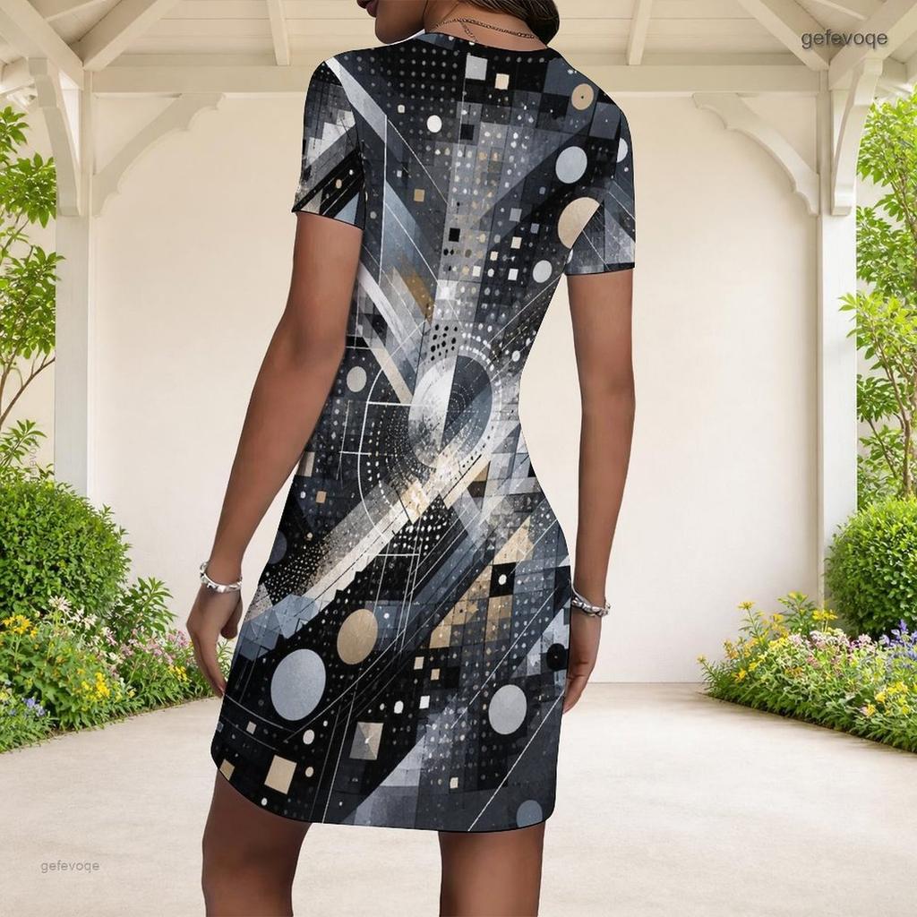 Women Plus Size Round Neck Short Sleeve Black Grey Abstract Printed Fitted Mini Dress