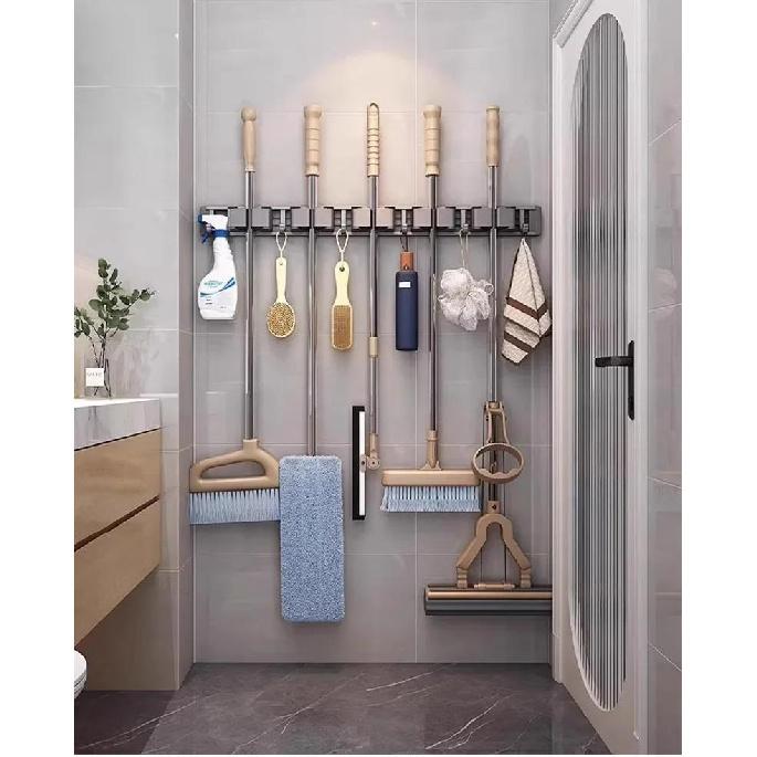 Mop and Broom Organizer Mop Holder Rack Mop Holder Wall Mounted Strong Broom Mop Holder Self With 5 Hooks Organizers Hang Broom Cup Holders 5