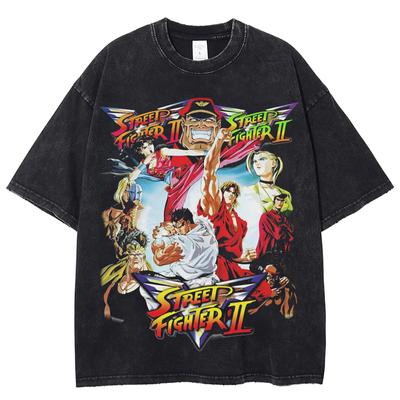 Harajuku Vintage Washed Tshirt Street Fighter II Graphic T-Shirt Men And Women O-Neck Cotton Short Sleeve Oversized Streetwear