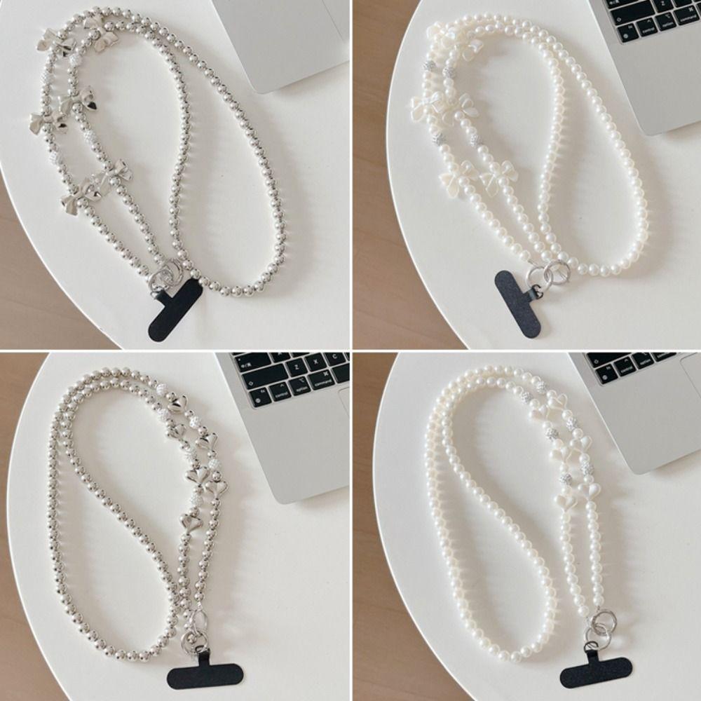 Delicate Love Heart Bowknot Crossbody Phone Chain Hanging Decoration Pearl Phone Lanyard Messenger Bag Chain