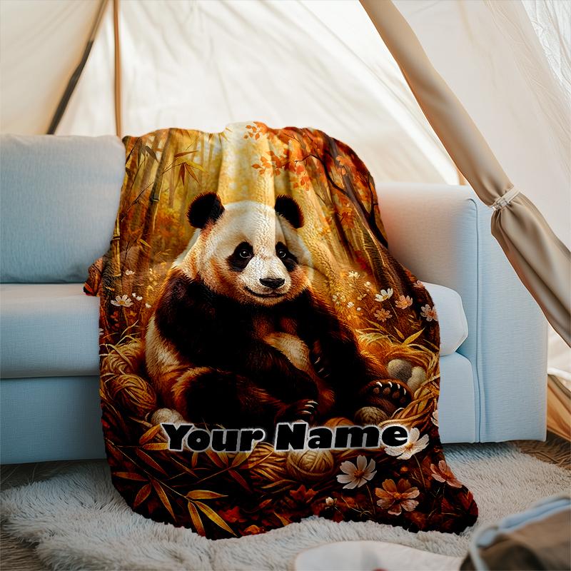 1PC Custom Name Panda Autumn Forest flannel blanket versatile,all-season throw suitable for the living room,bedroom,camping,travel,and gift