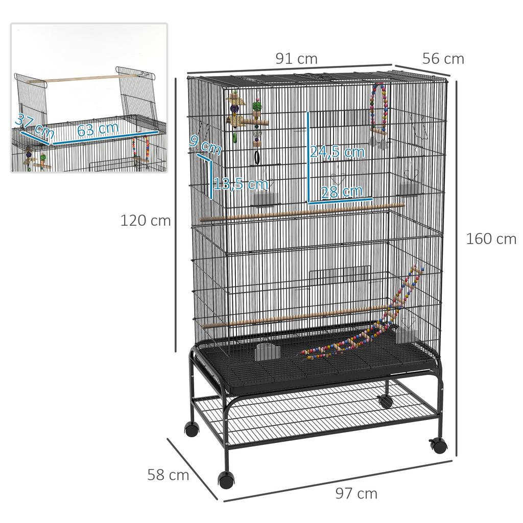 Bird Cage with Wheels, Feeders, Perches, Removable Tray and Lower Shelf 97x58x160 cm Black