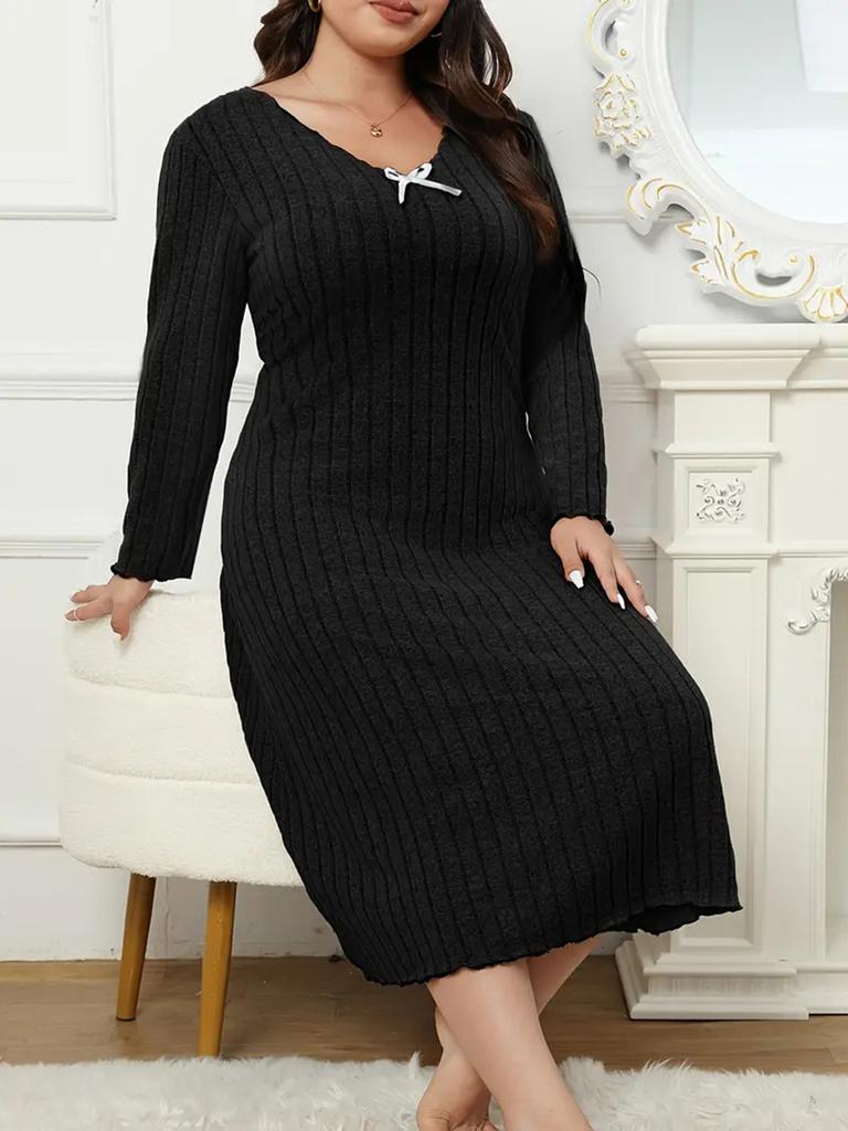 Spring New Arrivals Plus Size Dresses V-Neck Long Sleeve Solid Color Ear Trim Fashion Women's Clothing