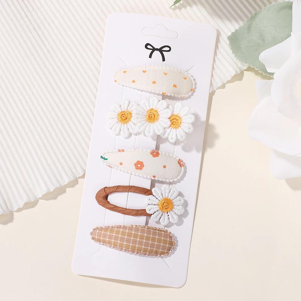 RAINBOW BOWS 5Pcs/Set Girls Boutique Headwear Hair Clip Embroidered Printing Barrette Fresh Daisy Hairpin Kids Hair Accessories
