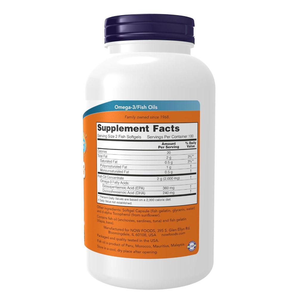 NOW Foods Supplements, Omega-3 180 EPA / 120 DHA, Molecularly Distilled, Cardiovascular Support*, 200-Fish Gelatin Softgels