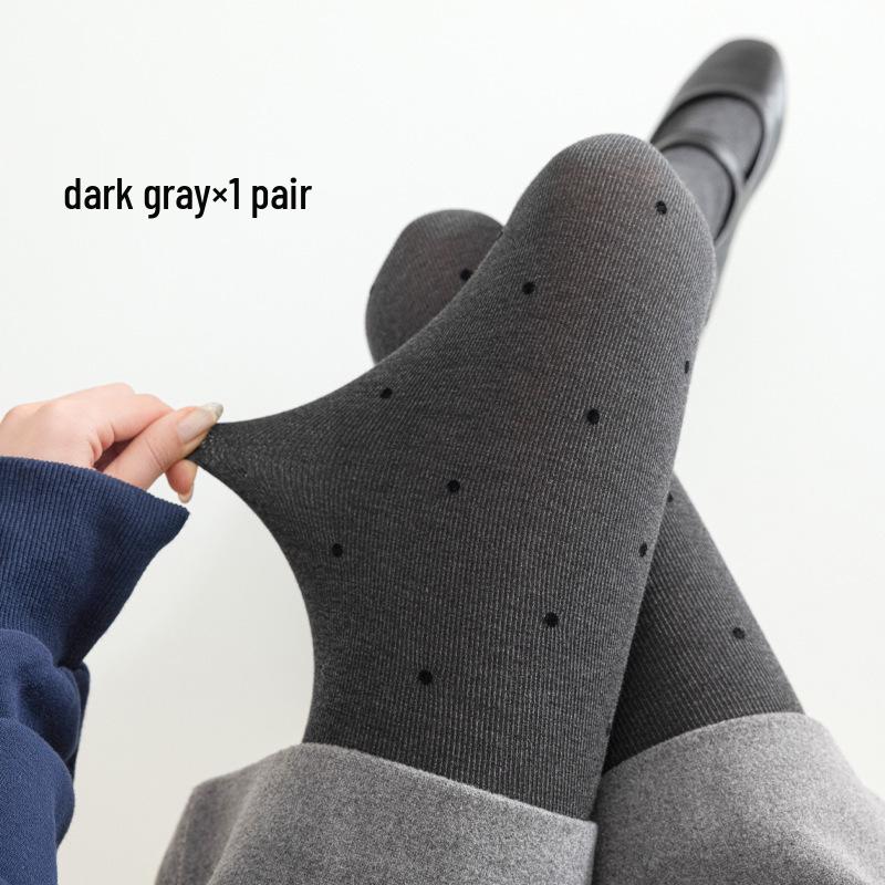 Dark Grey Fleece-Lined Polka Dot Tights with Slimming Stripes