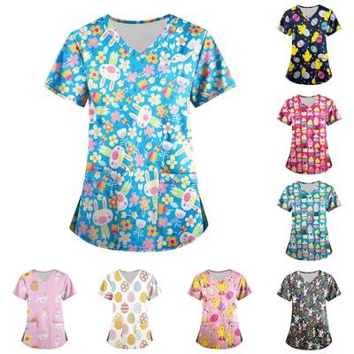 Women's Fashion V-neck Short Sleeve Workwear With Pockets Printed Tops