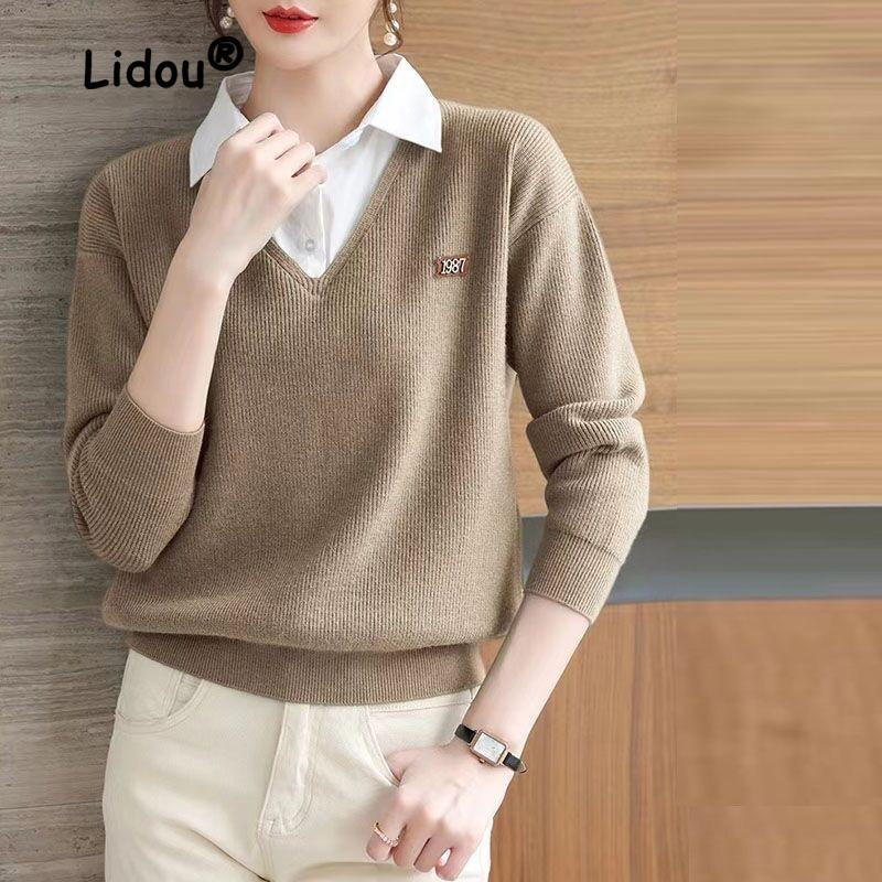 

Women s Wear Fashion Two Fake Pieces Sweaters Women Autumn Winter Loose Interior Lapping Long Sleeve Knitting Bottoming Shirt S чорний